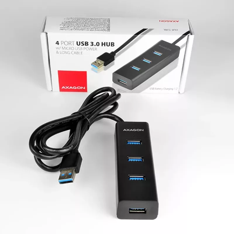 Axagon HUE-S2BL 4x USB 3.0 CHARGING -keskitin 1,2 m kaapelilla, virransyöttö Micro-USB:n kautta