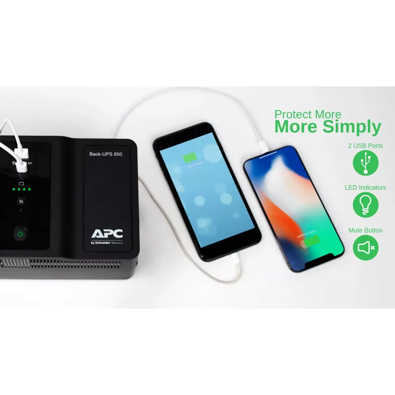 APC Back-UPS BE850G2-GR - varavirtalähde 8 pistorasiaa, 850VA, 2 USB-laturia, 1 USB-dataliitäntä