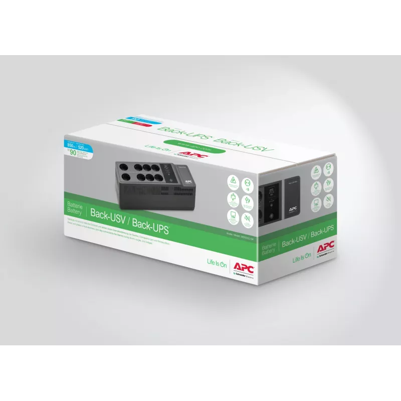 APC Back-UPS BE850G2-GR - varavirtalähde 8 pistorasiaa, 850VA, 2 USB-laturia, 1 USB-dataliitäntä