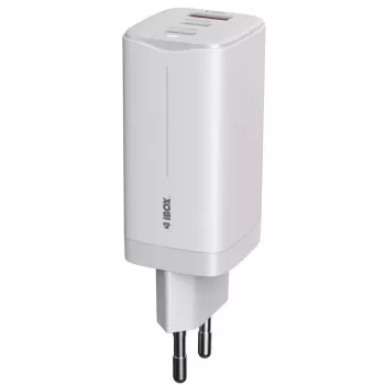 IBOX matkalaturi ILUC65W, 65W, 2x USB-C + 1x USB-A, valkoinen, 1,5 m kaapeli