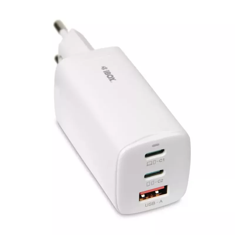 IBOX matkalaturi ILUC65W, 65W, 2x USB-C + 1x USB-A, valkoinen, 1,5 m kaapeli
