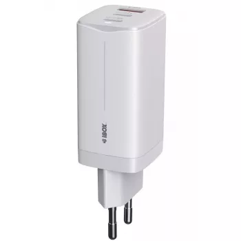 IBOX matkalaturi ILUC65W, 65W, 2x USB-C + 1x USB-A, valkoinen, 1,5 m kaapeli