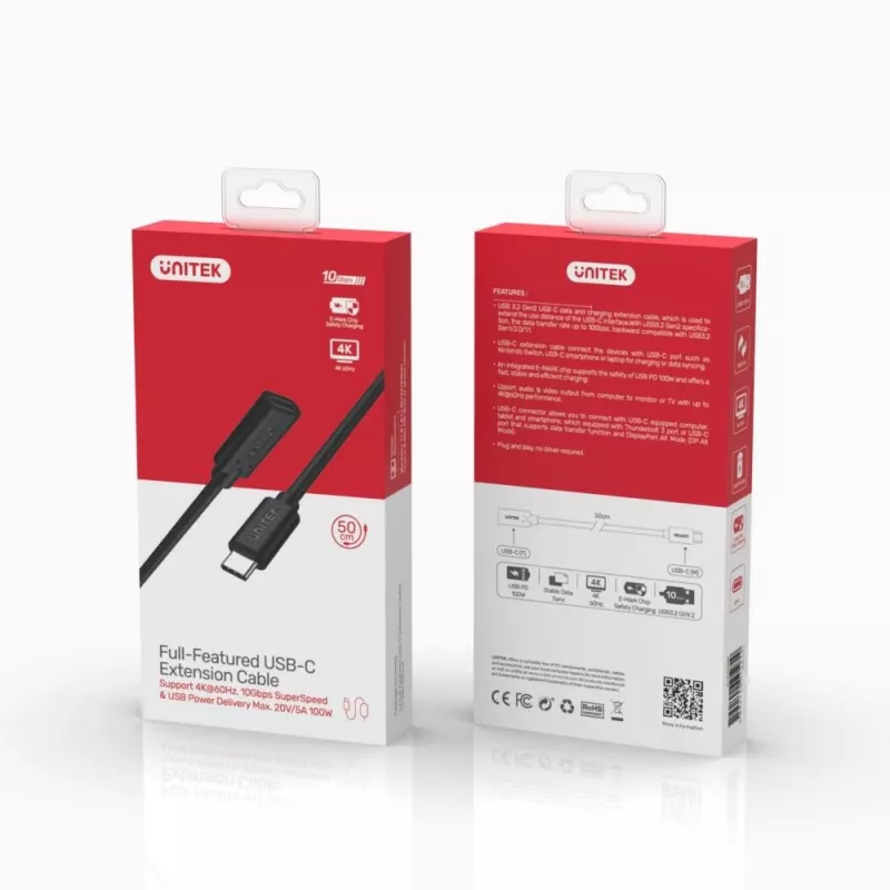 Unitek C14086BK-1M USB-C-jatkokaapeli (U/N), 10 Gbps, 4K, PD 100 W, 1 m, musta