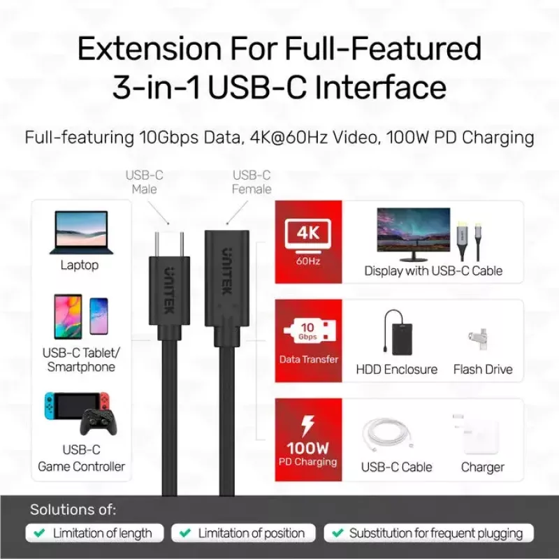 Unitek C14086BK-1.5M USB-C-jatkokaapeli (U/N), 10 Gbps, 4K, PD 100 W, 1,5 m, musta