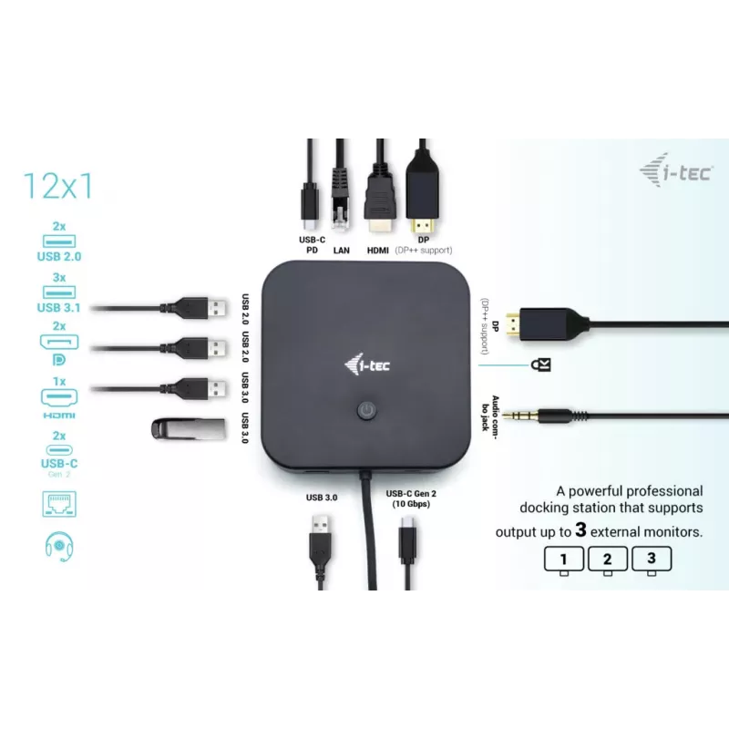 i-tec USB-C HDMI Dual DP -telakointiasema Power Delivery 100 W + yleislaturi 100 W