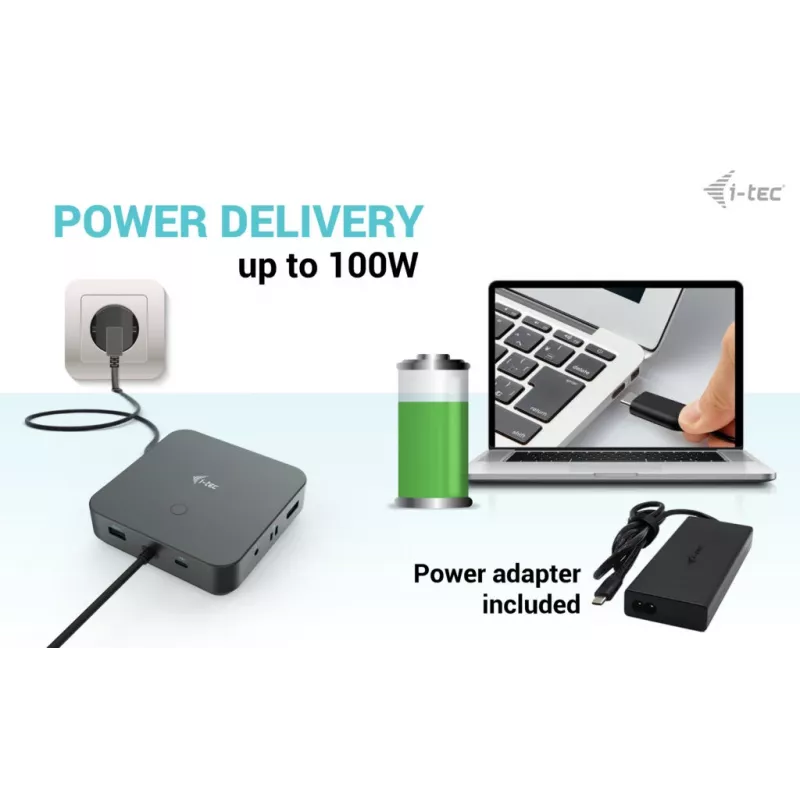 i-tec USB-C HDMI Dual DP -telakointiasema Power Delivery 100 W + yleislaturi 100 W