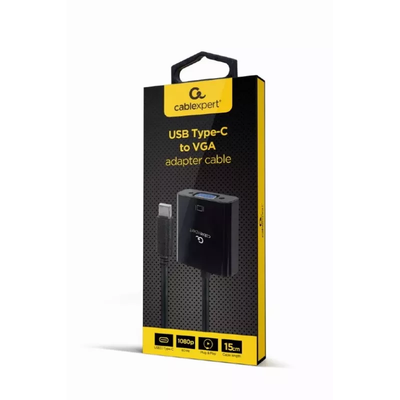 GEMBIRD USB Type-C - VGA-näyttöadapteri, 15 cm, musta