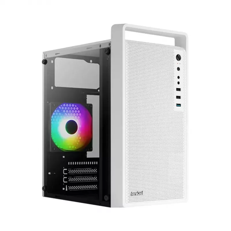 PC-kotelo AEROCOOL PGS CS-109-G-WT-v1 Mini Tower SPCC valkoinen — microATX, jopa 26 cm GPU, FRGB, Mesh-etu