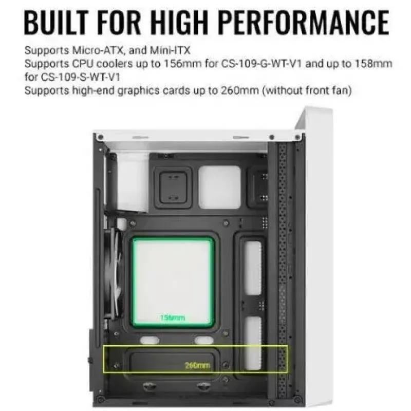 PC-kotelo AEROCOOL PGS CS-109-G-WT-v1 Mini Tower SPCC valkoinen — microATX, jopa 26 cm GPU, FRGB, Mesh-etu
