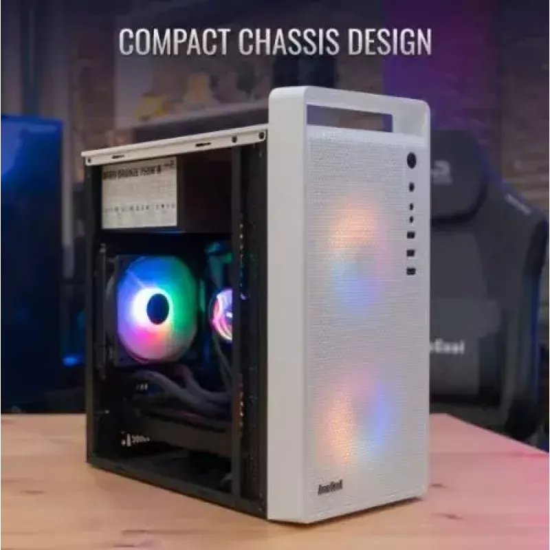 PC-kotelo AEROCOOL PGS CS-109-G-WT-v1 Mini Tower SPCC valkoinen — microATX, jopa 26 cm GPU, FRGB, Mesh-etu