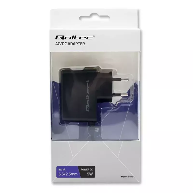 Qoltec 51021 pistokevirtalähde 5 W, 5 V, 1 A, 5,5x2,5 mm