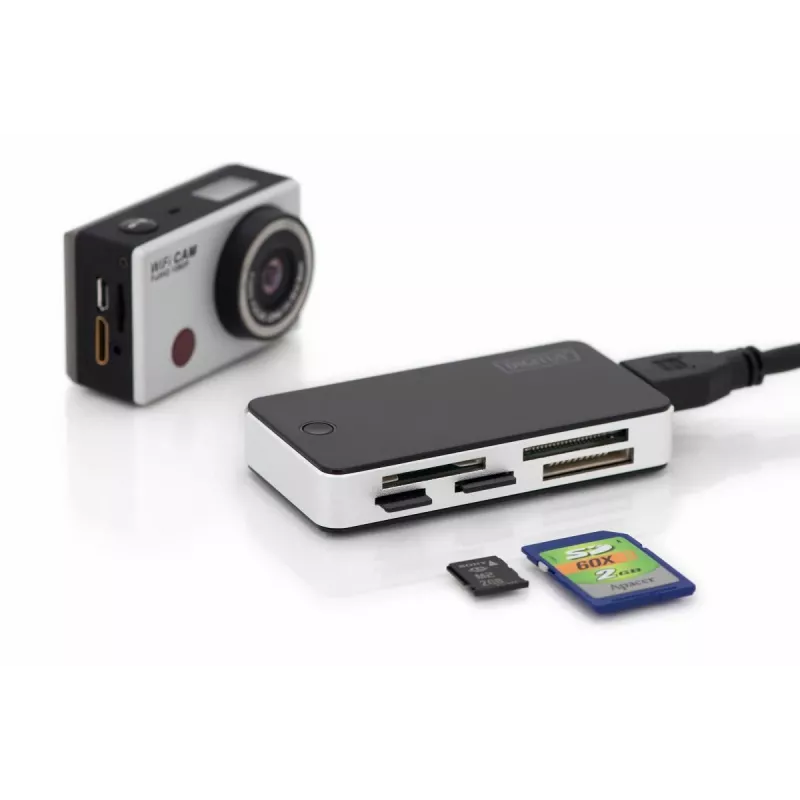 DIGITUS USB 3.0 -kortinlukija, tukee MS/SD/SDHC/MiniSD/M2/CF/MD/SDXC-kortteja, 1M USB-A-liitäntäkaapeli