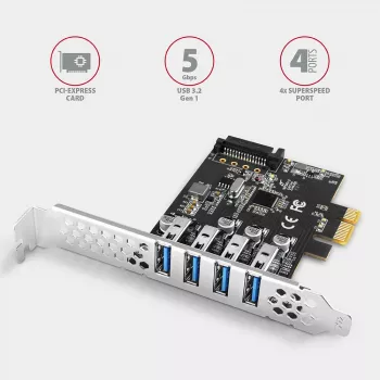 Axagon PCEU-43RS PCIe-kortti - 4x USB 5 Gbps portti, kaksoisvirransyöttö, Renesas PD720201, SP & LP