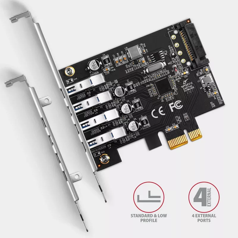 Axagon PCEU-43RS PCIe-kortti - 4x USB 5 Gbps portti, kaksoisvirransyöttö, Renesas PD720201, SP & LP