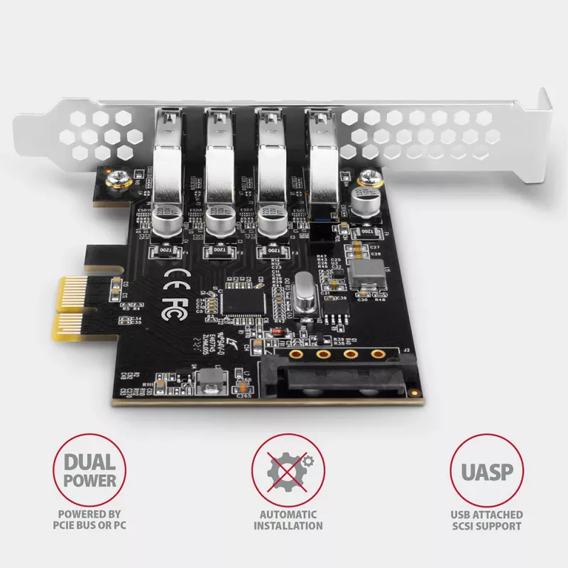 Axagon PCEU-43RS PCIe-kortti - 4x USB 5 Gbps portti, kaksoisvirransyöttö, Renesas PD720201, SP & LP