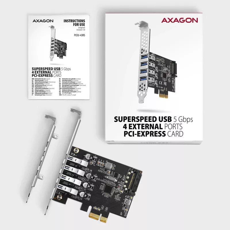 Axagon PCEU-43RS PCIe-kortti - 4x USB 5 Gbps portti, kaksoisvirransyöttö, Renesas PD720201, SP & LP