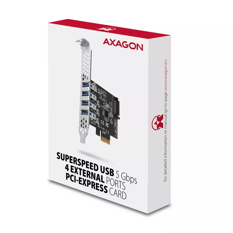 Axagon PCEU-43RS PCIe-kortti - 4x USB 5 Gbps portti, kaksoisvirransyöttö, Renesas PD720201, SP & LP