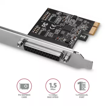 Axagon PCEA-P1N PCIe - 1x rinnakkaisporttiadapteri SP & LP, PCIe, rinnakkais, naaras, Full-height / Low-profile, PCIe 2.0, Kiina