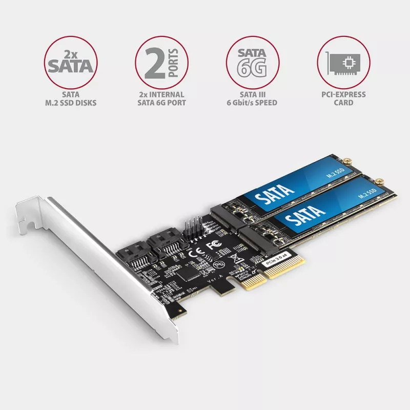 Axagon PCES-SA4M2 PCIe-ohjain 2x sisäinen SATA 6G portti + M.2 B-Key liitäntäkortit/adapterit M.2, SATA