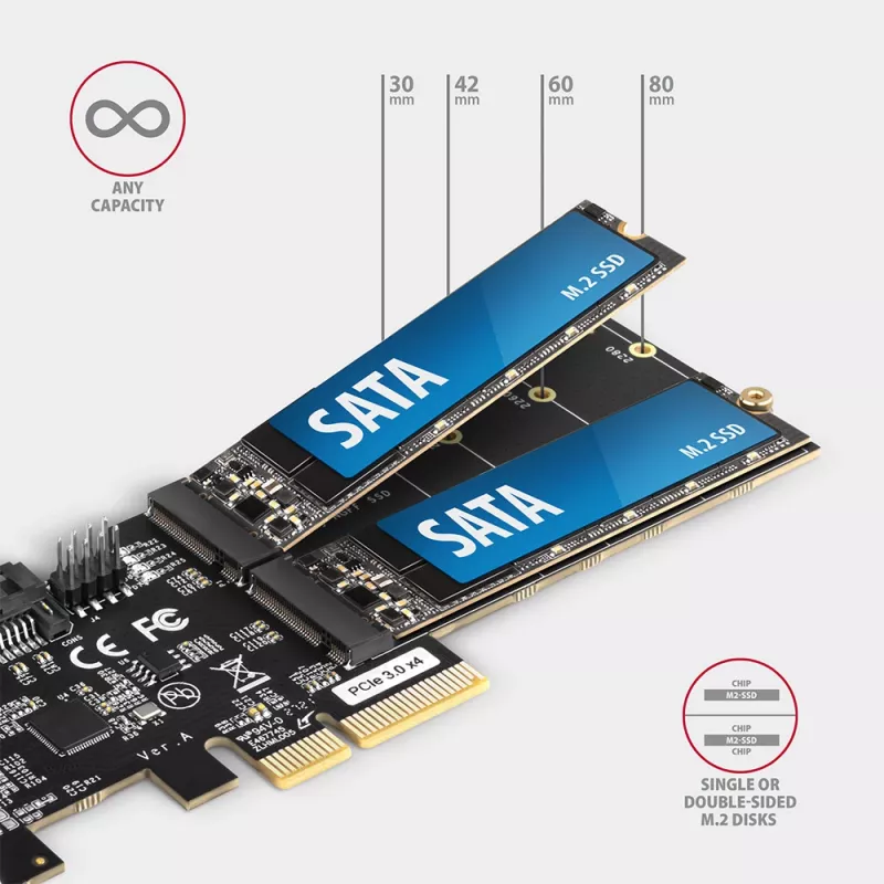 Axagon PCES-SA4M2 PCIe-ohjain 2x sisäinen SATA 6G portti + M.2 B-Key liitäntäkortit/adapterit M.2, SATA