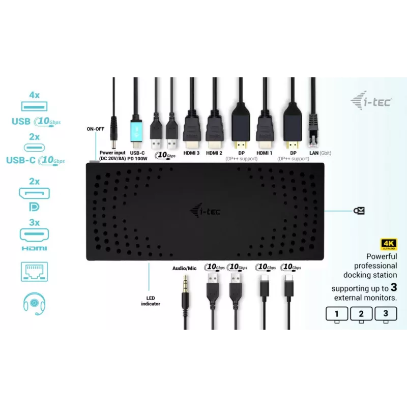 i-tec USB 3.0 / USB-C / Thunderbolt, 3x 4K telakointiasema Gen 2 + Power Delivery 100W