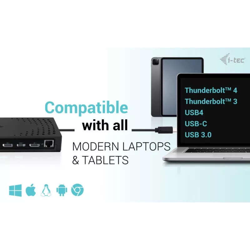i-tec USB 3.0 / USB-C / Thunderbolt, 3x 4K telakointiasema Gen 2 + Power Delivery 100W