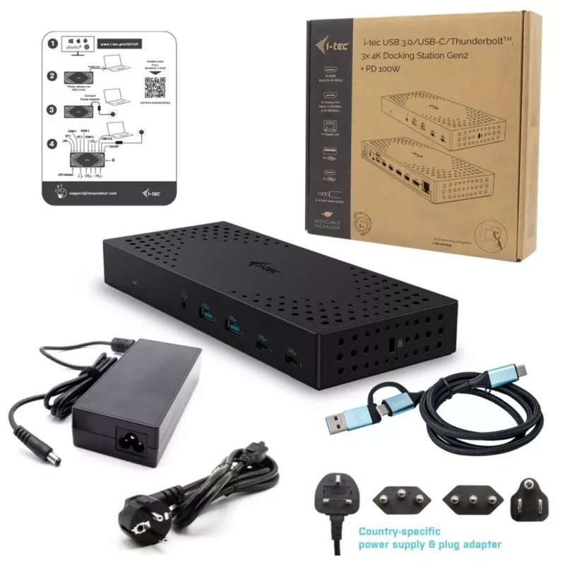 i-tec USB 3.0 / USB-C / Thunderbolt, 3x 4K telakointiasema Gen 2 + Power Delivery 100W
