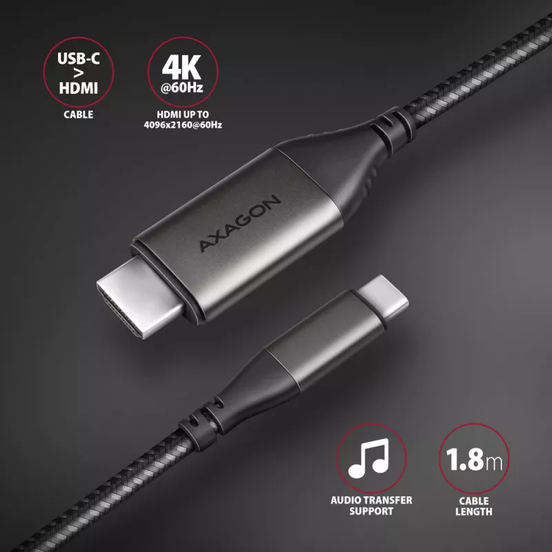 Axagon RVC-HI2MC USB-C -> HDMI 2.0a kaapeli 1,8m, 4K/60Hz HDR10