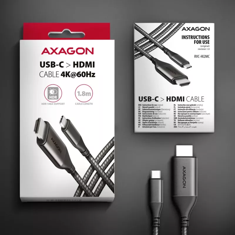 Axagon RVC-HI2MC USB-C -> HDMI 2.0a kaapeli 1,8m, 4K/60Hz HDR10