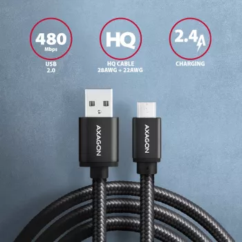 Axagon BUMM-AM10AB HQ kaapeli Micro USB <-> USB-A, 1m, USB 2.0, 2,4A, ALU, punos, musta
