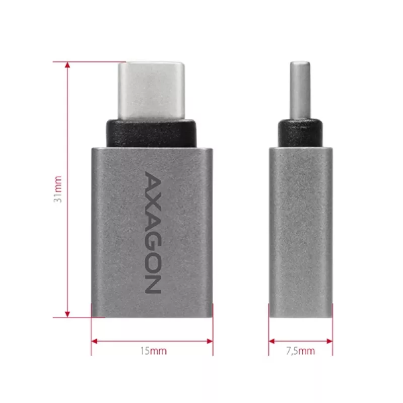 Axagon RUCM-AFA adapteri USB-C (M) -> USB-A (F), USB 3.2 Gen 2, 3A, ALU