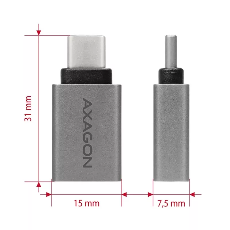 Axagon RUCM-AFA adapteri USB-C (M) -> USB-A (F), USB 3.2 Gen 2, 3A, ALU