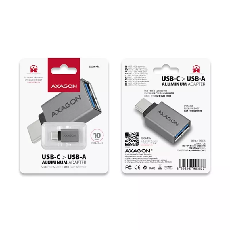Axagon RUCM-AFA adapteri USB-C (M) -> USB-A (F), USB 3.2 Gen 2, 3A, ALU