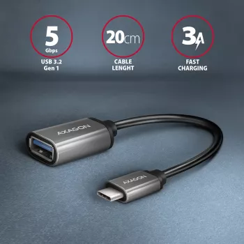 Axagon RUCM-AFAC kaapeliadapteri USB-C (M) -> USB-A (W), 20 cm, USB 3.2 Gen 1, 3A, alumiini