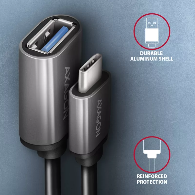 Axagon RUCM-AFAC kaapeliadapteri USB-C (M) -> USB-A (W), 20 cm, USB 3.2 Gen 1, 3A, alumiini