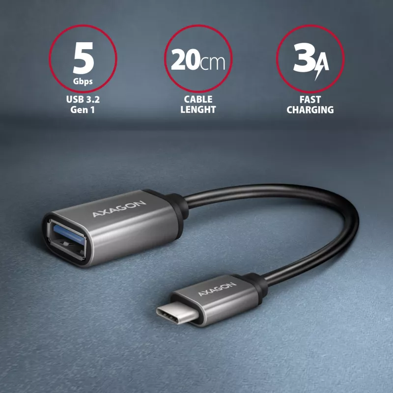 Axagon RUCM-AFAC kaapeliadapteri USB-C (M) -> USB-A (W), 20 cm, USB 3.2 Gen 1, 3A, alumiini