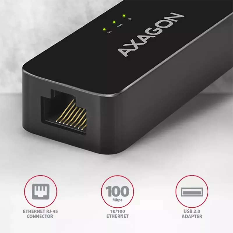 AXAGON ADE-XR USB 2.0 Type-A - Fast Ethernet 10/100 -sovitin, RJ-45, Realtek RTL8152, musta, 23 g