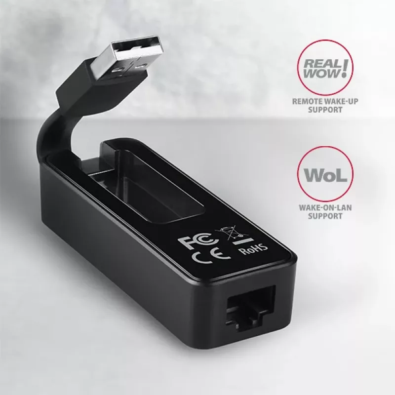 AXAGON ADE-XR USB 2.0 Type-A - Fast Ethernet 10/100 -sovitin, RJ-45, Realtek RTL8152, musta, 23 g
