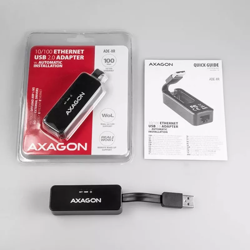 AXAGON ADE-XR USB 2.0 Type-A - Fast Ethernet 10/100 -sovitin, RJ-45, Realtek RTL8152, musta, 23 g