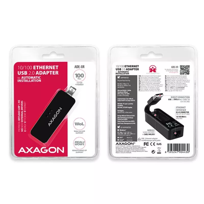 AXAGON ADE-XR USB 2.0 Type-A - Fast Ethernet 10/100 -sovitin, RJ-45, Realtek RTL8152, musta, 23 g