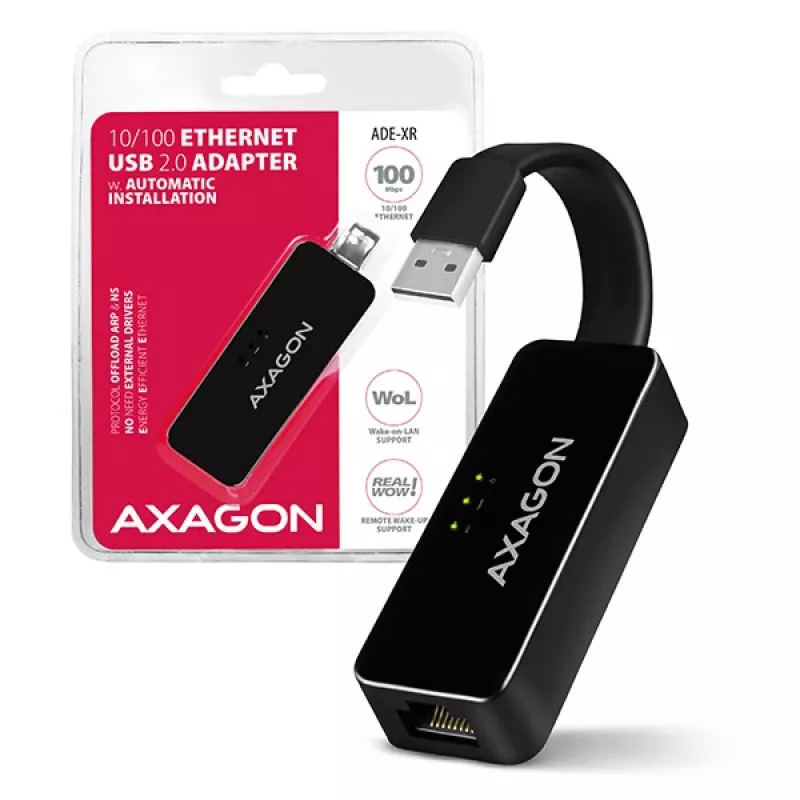 AXAGON ADE-XR USB 2.0 Type-A - Fast Ethernet 10/100 -sovitin, RJ-45, Realtek RTL8152, musta, 23 g