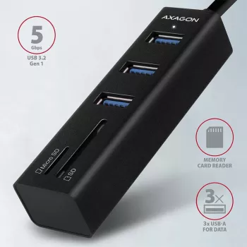 Axagon HMA-CR3A metallinen USB 3.2 Gen 1 -moniporttikeskitin, jossa kolme USB-liitäntää ja kortinlukija