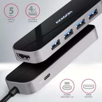 Axagon HMC-6H4A USB 3.2 Gen 1 -keskitin, 4x USB-A, HDMI 4K/30Hz, PD 100W, 20 cm USB-C-kaapeli