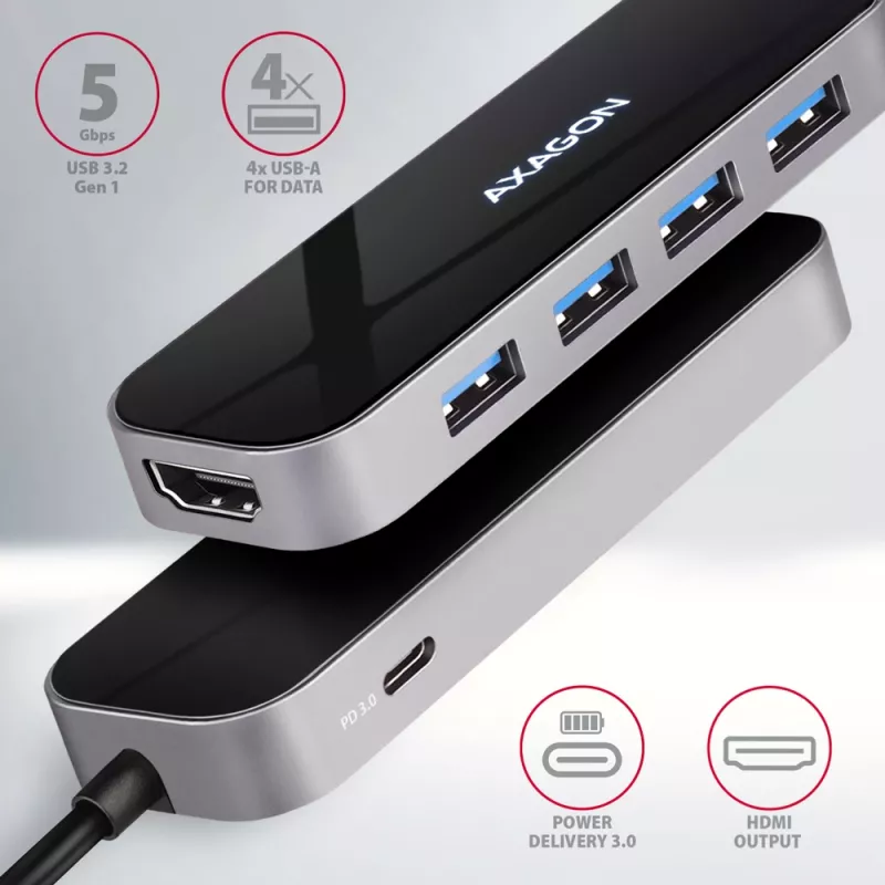 Axagon HMC-6H4A USB 3.2 Gen 1 -keskitin, 4x USB-A, HDMI 4K/30Hz, PD 100W, 20 cm USB-C-kaapeli