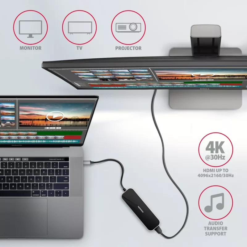 Axagon HMC-6H4A USB 3.2 Gen 1 -keskitin, 4x USB-A, HDMI 4K/30Hz, PD 100W, 20 cm USB-C-kaapeli