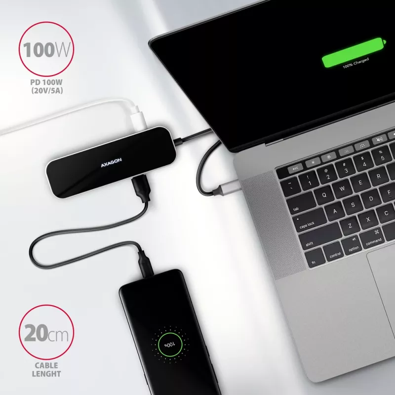 Axagon HMC-6H4A USB 3.2 Gen 1 -keskitin, 4x USB-A, HDMI 4K/30Hz, PD 100W, 20 cm USB-C-kaapeli