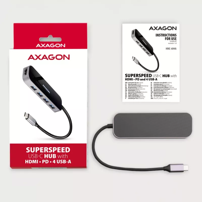 Axagon HMC-6H4A USB 3.2 Gen 1 -keskitin, 4x USB-A, HDMI 4K/30Hz, PD 100W, 20 cm USB-C-kaapeli