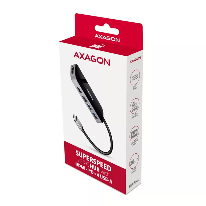 Axagon HMC-6H4A USB 3.2 Gen 1 -keskitin, 4x USB-A, HDMI 4K/30Hz, PD 100W, 20 cm USB-C-kaapeli