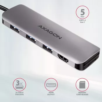 Axagon HMC-HCR3A 3x USB-A + HDMI + SD/microSD USB-C 3.2 Gen 1 -keskitin, 20 cm kaapeli, USB 3.2 Gen 1 (3.1 Gen 1) Type-C, harmaa