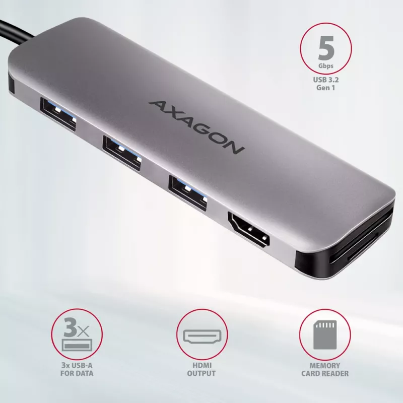 Axagon HMC-HCR3A 3x USB-A + HDMI + SD/microSD USB-C 3.2 Gen 1 -keskitin, 20 cm kaapeli, USB 3.2 Gen 1 (3.1 Gen 1) Type-C, harmaa